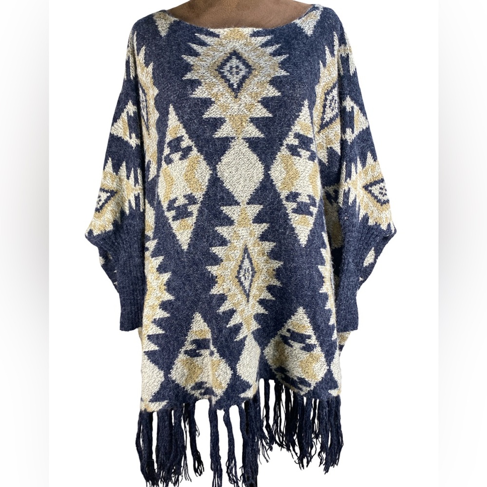 Sisters Southwestern Fringe‎ Sweater Boho Western Oversized M/L Aztec